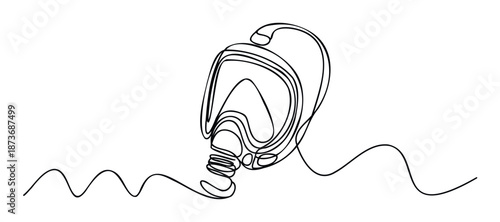 Elegant continuous line drawing of a complete diving mask gracefully merging into flowing wavy lines, perfect for showcasing aquatic sports, travel, and serene underwater exploration themes.