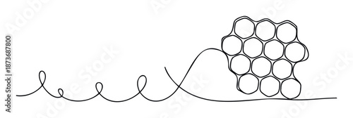 Minimalist linear graphic depicting a dynamic connection culminating in a cellular honeycomb formation, ideal for contemporary branding, scientific diagrams, or environmental awareness