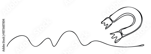 Continuous line drawing of a horseshoe magnet attracting a wavy abstract path, symbolizing magnetic force, pull, connection, or influence for scientific, educational, and business