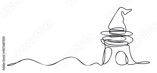 Minimalist continuous line drawing depicting a magical wizard hat or witch hat on a stand perfect for Halloween event invitations creative party decorations or mystical themed graphic