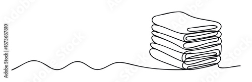Smooth continuous line artwork showing a tall stack of clean folded clothes, ideal for marketing materials related to home care, tidiness, or clothing organization solutions.