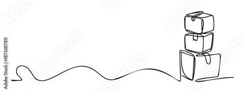 Minimalist continuous line forming a stack of gift boxes or delivery packages, conveying notions of shipping, packaging, and connection for corporate communications