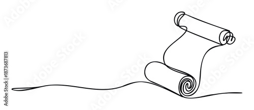 Continuous one line drawing of a paper scroll unrolling or being rolled up, perfect for historical, educational, or creative media applications.
