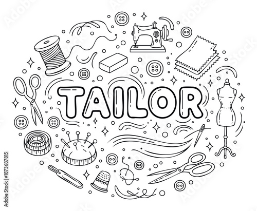 This charming black and white doodle of essential tailoring and sewing tools surrounding the word TAILOR provides a versatile graphic for craft blogs, workshop promotions, or educational