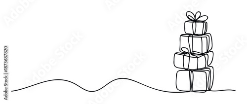 Elegant continuous line drawing showcasing a towering stack of meticulously wrapped present boxes, ideal for sophisticated festive greetings or unique marketing campaigns.