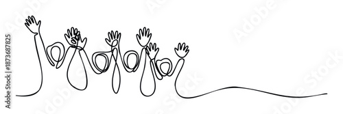 Minimalist one line artwork depicting multiple raised hands symbolizing unity, cooperation, and collective effort, ideal for modern graphic communication and organizational themes.