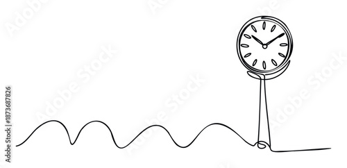 Continuous line drawing of a standing clock with time passing represented by a wavy line flowing towards it, ideal for concepts of deadlines, efficiency, and scheduling purposes.