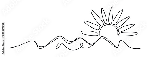Minimalist one continuous line drawing depicting a serene sunrise or sunset over abstract rolling hills or tranquil ocean waves, perfect for travel, meditation, or modern graphic design