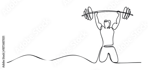 Dynamic single line drawing of an athlete performing an overhead weightlifting press, perfect for health, fitness, or sportsrelated branding and promotional materials