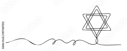Flowing continuous line drawing forming a meaningful Star of David, ideal for spiritual themes, Jewish holiday greetings, cultural events, or minimalist visual representations.