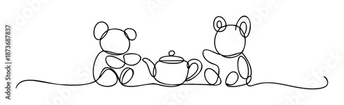 Simple continuous line drawing of two cute teddy bears having a delightful tea party with a teapot between them perfect for childrens books nursery decor and playful greeting cards