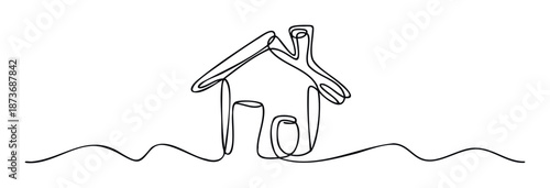 A single continuous line drawing depicts a minimalist house with a chimney standing on a wavy ground, symbolizing home and shelter for real estate, architectural, and property related