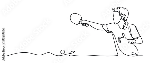 Continuous line drawing of a man playing table tennis with a paddle and ball, perfect for sports event promotions, fitness club advertisements, or active lifestyle content.