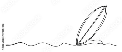 Minimalist continuous line drawing depicting a surfboard standing on a wavy line, perfect for summer vacation branding, ocean leisure activities, or simple graphic designs for travel and