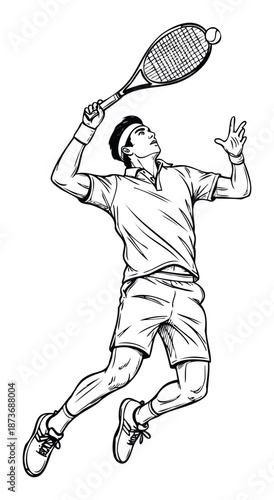 Energetic male tennis player leaping to serve during a competitive match, perfect for sports marketing, active lifestyle promotions, and athletic event advertising