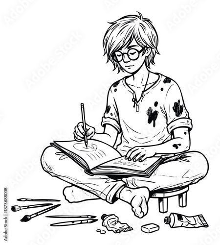Young person wearing glasses engaged in drawing in a sketchbook while sitting on a stool surrounded by various tools such as paintbrushes and tubes perfect for educational or hobby related