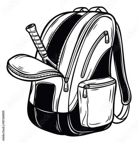 A durable backpack with an exposed tennis racket in a side pocket, perfect for marketing sports equipment, promoting active lifestyles, or illustrating travel gear for athletes and
