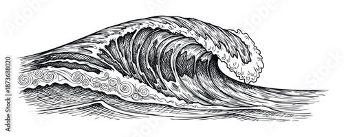 Powerful ocean wave with dynamic water crests and turbulent splashes rendered in a detailed hand drawn sketch style suitable for marine themed commercial graphics or sea adventure projects.