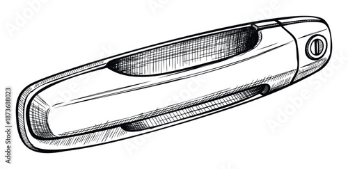This handdrawn sketch of a modern automobile door handle with a key lock is ideal for vehicle repair manuals, automotive parts catalogs, and workshop instructional graphics.