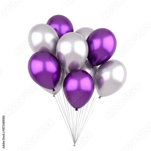 Bunch Of Purple And Silver Balloons Floating Upward Against Transparent Background Shiny Metallic Texture Decorative Element