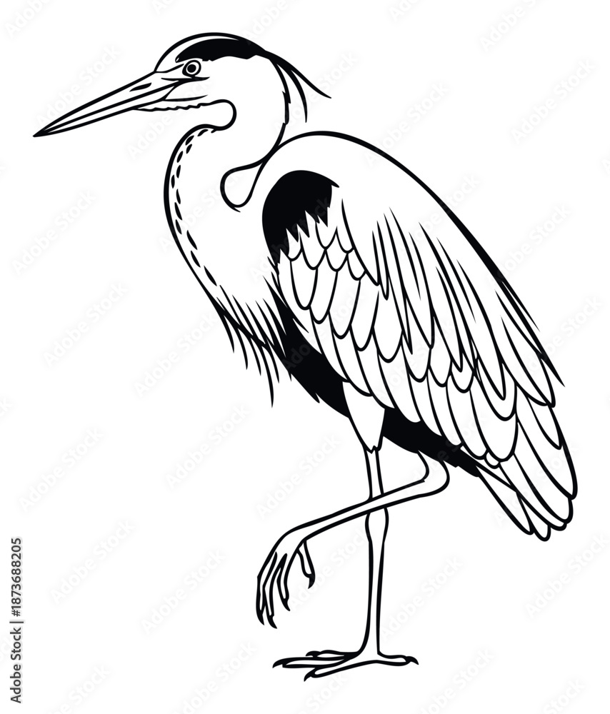 Obraz premium A stylized graphic representation of a graceful heron bird with elegant body and long legs, perfect for nature themed logos, minimalist wildlife prints, or educational materials about