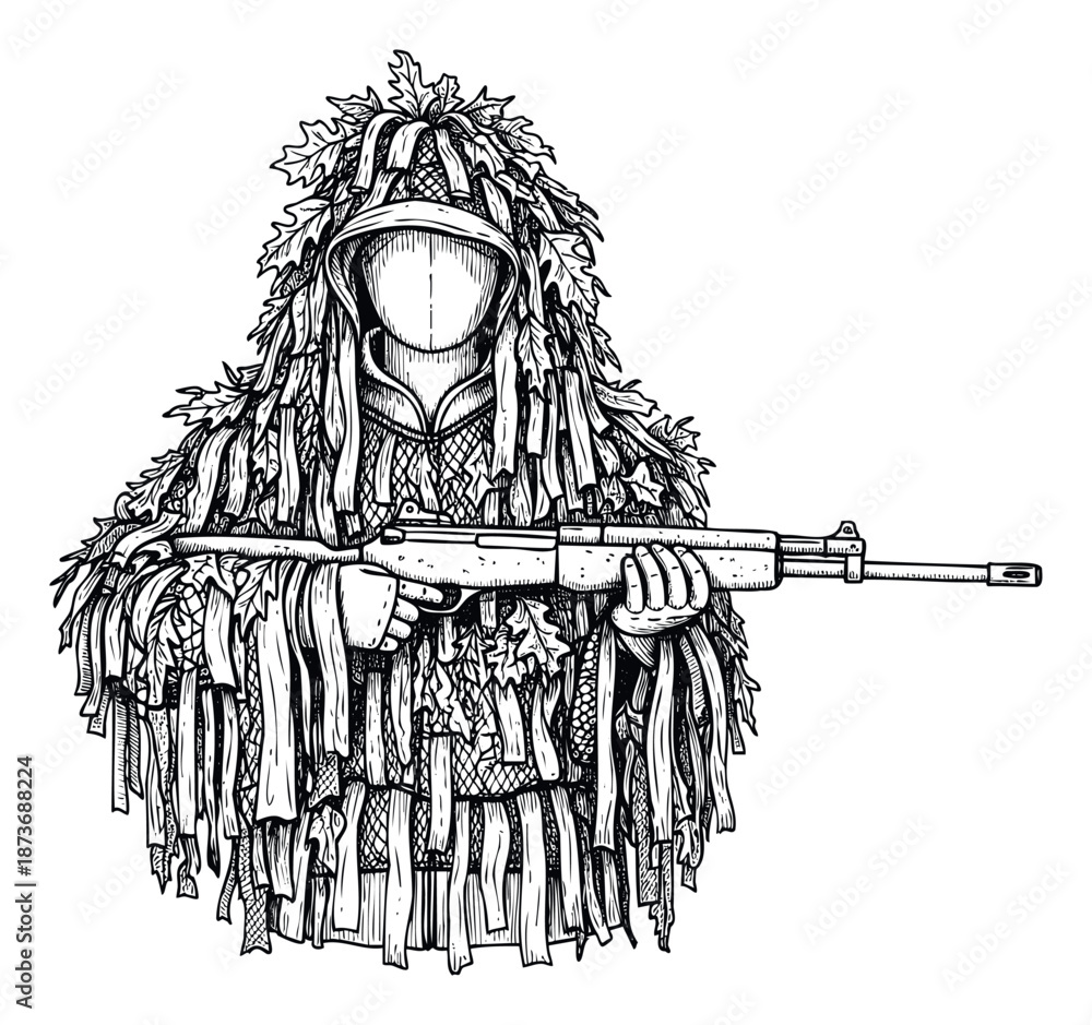 Naklejka premium Expertly crafted black and white depiction of a camouflaged hunter or military operative in a ghillie suit holding a rifle, perfect for outdoor, survival, or tactical themed media