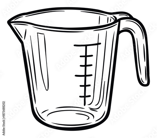 A versatile kitchen measuring cup outlined in black for precise liquid and ingredient measurements, perfect for culinary blogs, recipe graphics, and educational cooking materials.