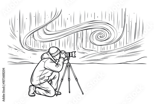 Photographer capturing the spectacular aurora borealis in a dark night sky with a camera on a tripod, perfect for travel and nature documentaries or educational materials