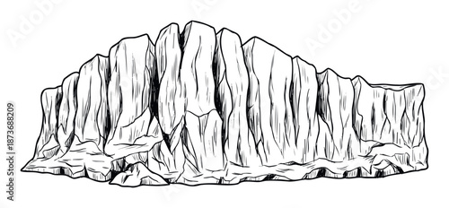 Rugged black and white mountain or iceberg formation with striking vertical lines and textures, perfect for naturethemed projects, educational materials, and adventure visuals.