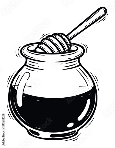 A classic monochrome sketch of a full honey jar with a wooden dipper spoon for sweet natural food concepts and rustic farm market culinary themes