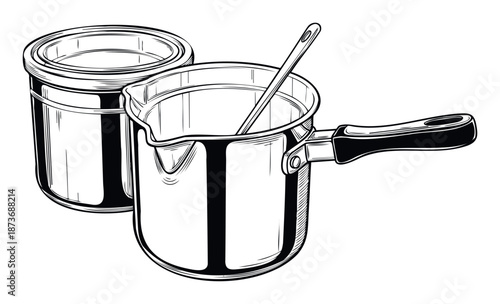 Kitchen saucepan with a stirring spoon and a metal can, ideal for culinary blogs, cooking recipes, food preparation guides, or kitchenware product listings.