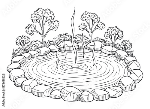A detailed outline drawing of a natural hot spring pond with steam rising from the rippling water, encircled by rugged rocks, lush grass, and small trees, ideal for childrens coloring books