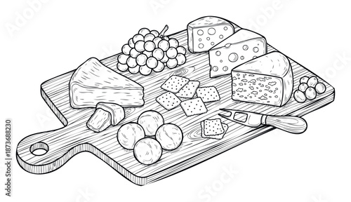 Gourmet cheese board with an assortment of cheeses, fresh grapes, crispy crackers, and olives, perfect for foodrelated publications or culinary event invitations