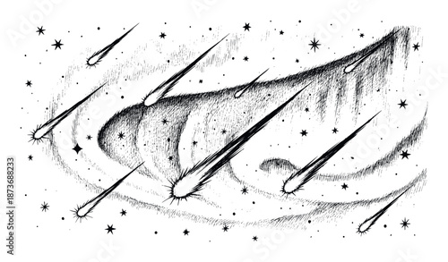 Dynamic cosmic scene with meteors and stars depicting a journey through space, perfect for science fiction themes, educational materials, or a striking graphic backdrop