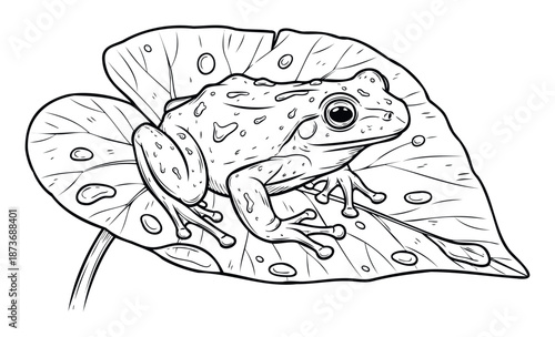 A graphic outline of a speckled frog sitting on a textured leaf adorned with water droplets, making it excellent for coloring pages, biological studies, or aquatic themed decorations.