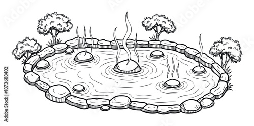 Black and white line drawing of a tranquil hot spring with steaming water and surrounding trees, perfect for wellness themes, spa advertisements, or natureinspired graphic projects.