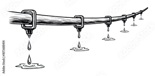 Monochrome drawing of a leaking pipeline with individual water drops splashing into small puddles, ideal for illustrating water loss and plumbing issues in publications and public awareness