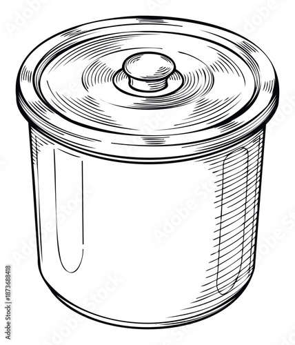 Vintage styled cooking pot with a lid, perfect for kitchenware catalogs, recipe book illustrations, or culinary blog graphics needing a classic utensil visual