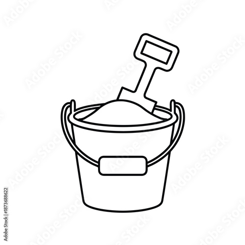 Simple line drawing of a beach bucket filled with sand and a shovel