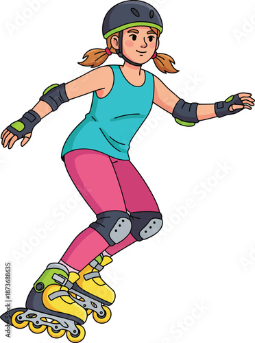 Young girl with pigtails and a helmet rollerblading in full protective gear.