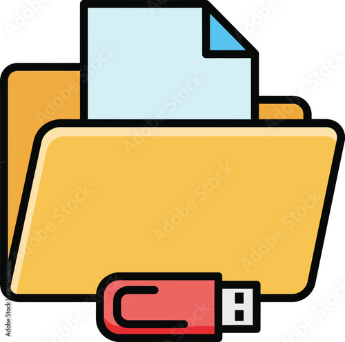 Yellow file folder icon with a blue document and a red USB flash drive for data storage.