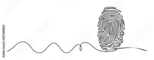 Continuous line drawing of a unique human fingerprint representing identity and security suitable for biometric technology and personal data protection concepts