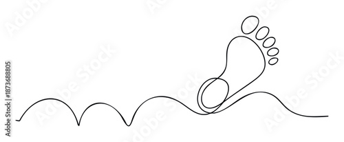 Minimalist continuous line drawing of a human foot leaving a wavy path, perfect for designs related to wellness, health, journey, progress, or personal growth concepts
