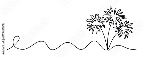 Single continuous line drawing depicting stylized fireworks or dandelion flowers emerging from a wavy ground line, suitable for minimalist graphic compositions and symbolic celebratory