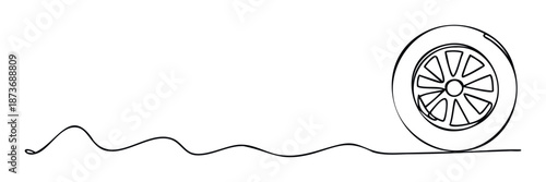 Dynamic one line drawing depicting a vehicle wheel evolving from a winding road, suitable for illustrating movement, journey concepts, or transportation industry promotions.