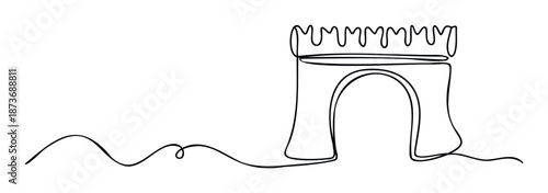 Continuous line drawing of a castle archway with a crenellated battlement and flowing ground line, representing a journey and achievement for architectural or historical communications.