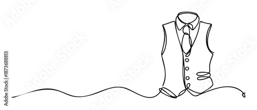 Minimalist single line artwork depicting a formal vest and necktie, ideal for corporate branding, wedding invitations, or upscale clothing advertisements.