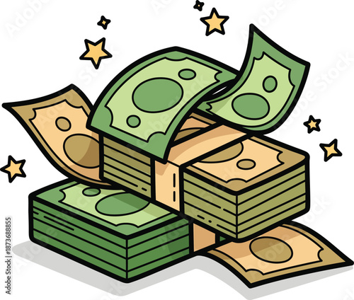 Vibrant cartoon illustration of sparkling green and tan cash stacks with flying banknotes.