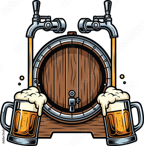 Vintage wooden beer barrel with dual taps pouring amber ale into two frothy glass mugs.