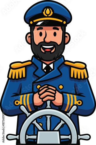Smiling Cartoon Sea Captain with Beard in Blue Uniform Holding a Ships Wheel.